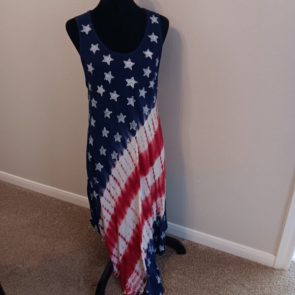 Stars and Stripes Tie Dye Asymmetrical Tank Dress One Size 100% Rayon. - Picture 2 of 9